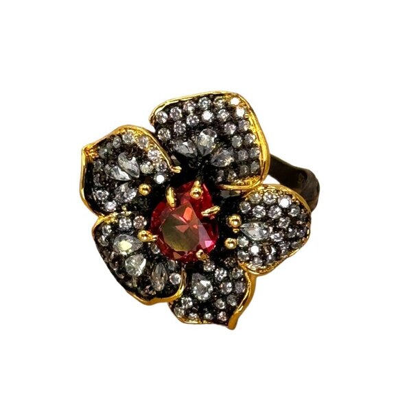 NEW Flower Cocktail Ring Sz.7 14K Black Gold Over S925 Silver Orchid Glam Fairy - Picture 3 of 13